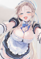 Rule 34 | 1girl, apron, asuna (blue archive), asymmetrical bangs, black dress, blue archive, blue eyes, blue halo, blush, bow, breasts, cleavage, commentary request, dress, frilled apron, frills, from below, garter straps, gloves, half-closed eyes, halo, large breasts, light brown hair, long hair, looking at viewer, looking down, maid, maid apron, maid headdress, mole, mole on breast, open mouth, pleated dress, short sleeves, silltare, smile, solo, sweat, thighhighs, waist apron, white apron, white gloves, white thighhighs