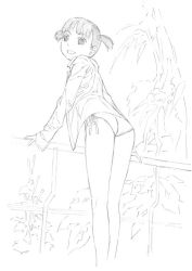 Rule 34 | 1girl, bikini, from behind, greyscale, long sleeves, looking back, monochrome, nature, open clothes, open shirt, original, railing, shirt, short hair, short twintails, side-tie bikini bottom, sketch, solo, swimsuit, traditional media, twintails, white background, yoshitomi akihito