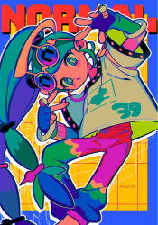 Rule 34 | 1girl, 39, :o, aqua eyes, aqua hair, arms up, artist name, blue gloves, commentary, creatures (company), english text, eyewear on head, feet out of frame, fingerless gloves, game freak, gloves, hatsune miku, highres, long hair, looking at viewer, menma (enaic31), nintendo, normal miku (project voltage), open mouth, pants, pokemon, print shirt, project voltage, red pants, shirt, solo, t-shirt, twintails, twitter username, v, very long hair, vocaloid