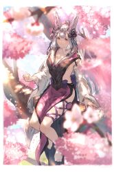 Rule 34 | 1girl, animal ears, barefoot, blurry, blurry background, blurry foreground, border, breasts, cleavage, closed mouth, collarbone, floating hair, flower, granblue fantasy, highres, horse ears, horse girl, horse tail, in tree, long hair, long sleeves, looking at viewer, medium breasts, pink flower, purple eyes, purple ribbon, ribbon, shimatani azu, sideboob, sitting, sitting in tree, smile, societte (granblue fantasy), solo, sunlight, tail, tree, very long hair, white border, white hair, wide sleeves