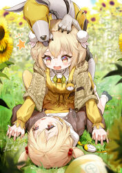 Rule 34 | 2girls, blonde hair, bodysuit, capelet, day, flower, girl on top, goddess of victory: nikke, grass, highres, liter (cute sunflower) (nikke), liter (nikke), long hair, long sleeves, looking at another, lying, multiple girls, non-humanoid robot, on back, on ground, open mouth, outdoors, robot, robot animal, short twintails, smile, sunflower, swallow165, twintails, vest, volt (nikke), yellow bodysuit, yellow eyes