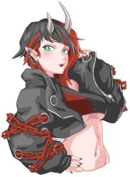 Rule 34 | 1girl, black hair, black jacket, black nails, black sports bra, blue eyes, blush, breasts, chain, commentary, cropped jacket, cropped torso, demon girl, demon horns, ear chain, ear piercing, english commentary, grunt (tnurg), hand on own hip, highres, horns, jacket, large breasts, looking at viewer, midriff, multicolored hair, nail polish, nanashi inc., navel, open clothes, open jacket, open mouth, piercing, pointy ears, red hair, red sports bra, ryugasaki rene, ryugasaki rene (1st costume), short hair, signature, simple background, solo, sports bra, sugar lyric, two-tone hair, underboob, upper body, virtual youtuber, white background, zipper