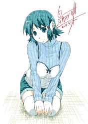 Rule 34 | 1girl, aquaplus, blue eyes, blue hair, blue sweater, breasts, breasts squeezed together, closed mouth, fingernails, fushimi yukari, hands on own knees, kneeling, large breasts, long sleeves, looking at viewer, mikazu satsuki, routes, short hair, shorts, sidelocks, smile, solo, sweater, thick thighs, thighs, turtleneck, turtleneck sweater, white legwear