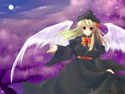 Rule 34 | 1girl, asahina, bad id, black dress, black hat, blonde hair, bow, bowtie, capelet, cherry blossoms, dress, female focus, full moon, hair bow, hair ribbon, hat, highres, layered sleeves, lily black, lily white, long sleeves, looking at viewer, medium hair, moon, nature, night, orange bow, orange bowtie, outdoors, plant, red eyes, ribbon, sash, sky, smile, solo, touhou, tree, wide sleeves, wings