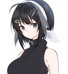 Rule 34 | 1girl, ahoge, arknights, arms at sides, bare shoulders, black eyes, black hair, black shirt, blush, bow, breasts, closed mouth, dot mouth, hair bow, hair intakes, hairband, head wings, la pluma (arknights), lalihop, large breasts, looking at viewer, portrait, shirt, short hair, sidelocks, simple background, sleeveless, sleeveless shirt, solo, turtleneck, turtleneck shirt, white background, white bow, white hairband, wings