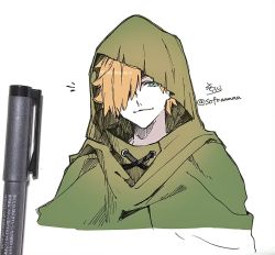 Rule 34 | 1boy, art tools in frame, blue eyes, brown hair, cloak, closed mouth, cropped torso, fate/extra, fate (series), green cloak, hair over one eye, hood, hood up, hooded cloak, looking at viewer, male focus, photo (medium), robin hood (fate), signature, smile, sofra, solo, traditional media, twitter username, upper body, white background