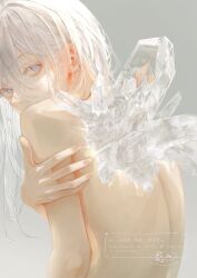 Rule 34 | 1girl, blue eyes, expressionless, fingernails, from behind, grey background, hair between eyes, hand on own arm, highres, ice crystal, long hair, looking at viewer, looking back, nyaon oekaki, original, signature, simple background, solo, topless, upper body, white hair