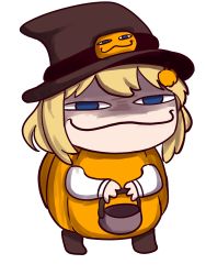 Rule 34 | &lt;o&gt; &lt;o&gt;, 1girl, :3, absurdres, blonde hair, blue eyes, brown footwear, brown hat, bucket, chibi, commentary, eiul, english commentary, food-themed hair ornament, full body, grin, hair ornament, half-closed eyes, hat, hat belt, highres, holding, holding bucket, hololive, hololive english, looking at viewer, medium hair, pumpkin costume, pumpkin hair ornament, shaded face, sidelocks, simple background, smile, smug, solo, standing, virtual youtuber, watson amelia, white background, witch hat