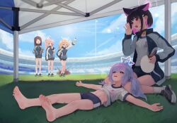 Rule 34 | 5girls, absurdres, ahoge, airi (blue archive), animal ears, arm up, barefoot, black choker, black hair, blonde hair, blue archive, blue eyes, blue hair, bottle, brown hair, cat ears, choker, closed eyes, clothes lift, colored inner hair, feet, grass, gym uniform, hair between eyes, halo, highres, holding, holding bottle, jacket, kazusa (blue archive), long hair, long sleeves, lying, multicolored hair, multiple girls, natsu (blue archive), navel, on back, open clothes, open jacket, open mouth, outdoors, pink hair, red eyes, reisa (blue archive), shirt, shirt lift, shoes, short hair, short sleeves, sitting, sneakers, socks, standing, sweat, toes, track jacket, twintails, white shirt, white socks, whonyang, yoshimi (blue archive)