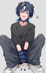 Rule 34 | 1girl, animal ears, arm warmers, belt collar, between legs, black collar, black nails, blue eyes, blue hair, blush, collar, dog ears, el (nevelo), full body, grey background, grey pants, grey shirt, hand between legs, highres, hiodoshi ao, hololive, hololive dev is, jewelry, looking at viewer, mole, mole under mouth, open mouth, pants, paw print, ring, shirt, shoes, short hair, simple background, sneakers, solo, squatting, white footwear