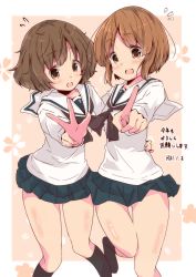 Rule 34 | akiyama yukari, arm around waist, black legwear, black neckerchief, blouse, blush, brown eyes, brown hair, commentary request, dated, floral background, flying sweatdrops, girls und panzer, gluteal fold, green skirt, leg up, legs, light blush, long sleeves, looking at viewer, messy hair, microskirt, neckerchief, new year, nishizumi miho, notice lines, ooarai school uniform, open mouth, outside border, paint on fingers, pleated skirt, pointing, pointing up, school uniform, serafuku, shirt, short hair, skirt, smile, socks, standing, standing on one leg, thigh gap, tom q (tomtoq), w, white shirt
