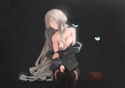 Rule 34 | 1girl, artist name, bare shoulders, beret, black thighhighs, braid, breast press, breasts, bug, butterfly, closed eyes, closed mouth, clothes pull, collarbone, expressionless, g36c (girls&#039; frontline), girls&#039; frontline, gold chloride, grey hair, hair over breasts, hair over one eye, hand on own arm, hat, unworn hat, head tilt, unworn headwear, highres, insect, jacket, jacket pull, large breasts, legs together, long hair, no bra, off shoulder, pleated skirt, red eyes, shirt pull, side braid, sitting, skirt, solo, thighhighs, thighs, very long hair