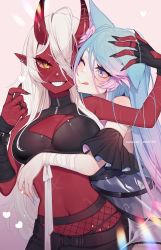 Rule 34 | 2girls, ;q, akumi (yoclesh), animal ears, black nails, blue eyes, blue hair, blue nails, breasts, cleavage, clenched teeth, colored skin, commentary, ear piercing, english commentary, fangs, fingernails, hair between eyes, highres, horns, hug, hug from behind, long hair, medium breasts, multiple girls, nail polish, nanoless, navel, one eye closed, oni horns, patreon username, piercing, pointy ears, red horns, red skin, scar, scar on face, scar on stomach, silvervale, silvervale (5th costume), smile, teeth, tongue, tongue out, virtual youtuber, vshojo, vyugen, white hair