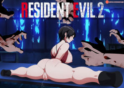 Rule 34 | 1girl, ada wong, ass, awesomegio, black hair, breasts, censored, choker, group sex, high heels, huge ass, huge breasts, nipples, pussy, pussy juice, resident evil, resident evil 2, short hair, split, text focus, yellow eyes, zombie