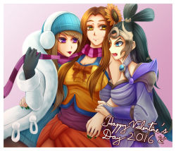 Rule 34 | alternate costume, between breasts, blush, breasts, coat, diana (league of legends), earmuffs, flower, gloves, hair flower, hair ornament, highres, jealous, league of legends, leona (league of legends), long hair, mittens, multiple girls, nail polish, oldlim, scarf, short hair, syndra, winter clothes, winter coat, yuri