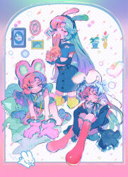Rule 34 | 3girls, all fours, animal ears, animal hands, black gloves, black jacket, black ribbon, blue hair, blue shirt, boots, border, blowing bubbles, buttons, crop top, cropped shirt, elbow gloves, fake animal ears, fake tail, full body, gloves, gradient border, gradient hair, hands under legs, high-waist skirt, highres, jacket, knee boots, kneeling, knees to chest, knees up, mawarusanso, mouth hold, multicolored hair, multiple girls, neck ribbon, original, parted bangs, paw gloves, pink gloves, pink hair, plaid, plaid skirt, print shirt, purple hair, rabbit ears, rabbit tail, red footwear, ribbon, shirt, sidelocks, simple background, skirt, tail, white background