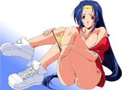 Rule 34 | 1girl, asahina natsuki, blue hair, blush, long hair, red eyes, sakura na omiki, super real mahjong, sweat, undressing