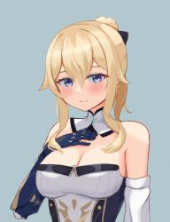 Rule 34 | 1girl, absurdres, bare shoulders, black bow, blonde hair, blue eyes, blue gloves, blush, bow, breasts, cleavage, commentary, detached collar, detached sleeves, genshin impact, gloves, grey background, hair between eyes, hair bow, hand on own chest, highres, jean (genshin impact), large breasts, long hair, looking at viewer, ponytail, shirt, simple background, smile, solo, strapless, strapless shirt, taiko bo, upper body