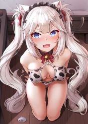 Rule 34 | 1girl, :3, :d, absurdres, alternate costume, animal ears, animal print, arms behind back, bed, bell, blue eyes, blush, bow, bow panties, breasts, cat ears, cat girl, cat tail, collar, commentary, covered erect nipples, cow print, desk, english commentary, fang, from above, full body, furrowed brow, gluteal fold, hair between eyes, hair ribbon, hands on floor, highres, indie virtual youtuber, keyboard (computer), long hair, looking at viewer, looking up, maid headdress, medium breasts, mouse (computer), neck bell, neck ribbon, open mouth, oxenia, panties, puffy nipples, red ribbon, ribbon, seiza, sidelocks, sitting, smile, solo, tail, toy mouse, twintails, underwear, vei (vtuber), very long hair, virtual youtuber, white hair, wooden floor