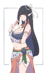 Rule 34 | 1girl, absurdres, black hair, blunt bangs, breasts, closed mouth, feathers, fewer digits, hair ornament, highres, hinoa, large breasts, long hair, looking at viewer, monster hunter (series), monster hunter rise, navel, pointy ears, simple background, skirt, smile, solo, tank top, whitek, yellow eyes