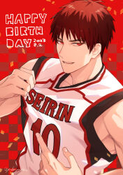 Rule 34 | 1boy, basketball jersey, checkered background, chirol22, confetti, dated, happy birthday, kagami taiga, kuroko no basuke, light smile, looking at viewer, male focus, parted lips, red background, red eyes, red hair, short hair, sleeveless, solo, teeth, upper body