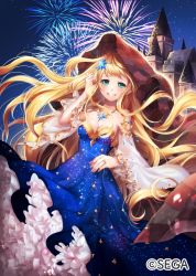 Rule 34 | 1girl, aqua eyes, bare shoulders, blanket, blonde hair, blue dress, blush, breasts, castle, detached sleeves, dress, fireworks, glint, hair ornament, hand up, jewelry, long hair, looking at viewer, medium breasts, night, night sky, official art, outdoors, plaid, ring, sky, smile, solo, standing, star (sky), star (symbol), star print, starry sky, very long hair, watermark, wonderland wars, yamagishi chihiro