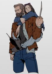 Rule 34 | 1boy, 1girl, beard, black footwear, black shirt, brown hair, carrying, child, claw (weapon), claws, clenched hand, coat, commentary request, denim, facial hair, father and daughter, highres, jeans, logan (movie), long sleeves, looking at viewer, marvel, oimo (oimkimn), pants, piggyback, shirt, simple background, standing, sunglasses, toned, toned male, weapon, white background, wolverine (x-men), x-23, x-men