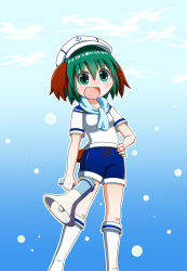 Rule 34 | 1girl, :d, air bubble, alternate costume, anchor symbol, animal ears, arm at side, blue background, blue sailor collar, blue scarf, blue shorts, blue sky, breasts, bubble, cloud, commentary request, contrapposto, feet out of frame, gradient background, green eyes, green hair, hair between eyes, hand on own hip, hat, highres, holding, holding megaphone, kasodani kyouko, kneehighs, looking at viewer, megaphone, open mouth, outline, partial commentary, rakugaki-biyori, sailor collar, sailor hat, scarf, shirt, short hair, short sleeves, shorts, sky, small breasts, smile, socks, solo, tail, touhou, white hat, white shirt, white socks