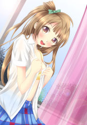 Rule 34 | 10s, 1girl, :d, blush, bra, brown eyes, brown hair, curtains, dress shirt, highres, jacket, long hair, looking at viewer, love live!, love live! school idol project, minami kotori, neats, one side up, open clothes, open jacket, open mouth, open shirt, school uniform, shirt, skirt, smile, solo, underwear, undressing, very long hair, window, yellow bra