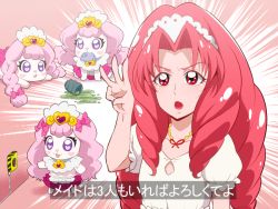 Rule 34 | akagi towa, cup, emphasis lines, go! princess precure, hand up, heart, heart-shaped pupils, maid, maid headdress, mouse (animal), pink hair, precure, puff (go! princess precure), purple eyes, red eyes, red hair, simple background, spill, symbol-shaped pupils, teacup, tj-type1, translated