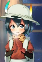Rule 34 | 10s, 1girl, backpack, bag, black eyes, black hair, breath, bucket hat, hat, hat feather, highres, kaban (kemono friends), kemono friends, looking at viewer, mittens, open mouth, puffy short sleeves, puffy sleeves, red mittens, red shirt, scarf, serval print, shirt, short hair, short sleeves, signature, smile, solo, upper body, welt (kinsei koutenkyoku)