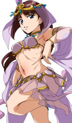 Rule 34 | 1girl, after war gundam x, arabian clothes, armlet, armpits, atamadarurun, blue eyes, bracelet, brown hair, dancer, gundam, harem outfit, highres, jewelry, long hair, looking at viewer, navel, neck ring, open mouth, ribs, shiny skin, simple background, solo, standing, tiffa adill, veil, white background