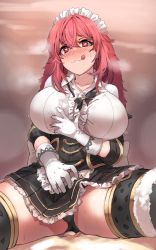 Rule 34 | 1girl, animal ears, black panties, blush, breasts, clothes lift, corset, drooling, ganesagi, gloves, hand on own chest, heart, heart-shaped pupils, heavy breathing, highres, large breasts, licking lips, looking at viewer, momo (ganesagi), original, panties, pink eyes, pink hair, rabbit ears, skirt, skirt lift, smile, solo, sweat, symbol-shaped pupils, thick thighs, thighhighs, thighs, tongue, tongue out, underwear