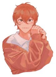 Rule 34 | 1boy, blush, cardigan, collared shirt, given, highres, long sleeves, male focus, pevellynee, red eyes, red hair, satou mafuyu, shirt, solo, white background