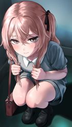 Rule 34 | 1girl, black footwear, black ribbon, blush, brown eyes, brown hair, closed mouth, commentary request, deca purio, hair between eyes, hair ribbon, highres, inui sajuna, long hair, looking at viewer, ribbon, shoes, short sleeves, solo, sono bisque doll wa koi wo suru, squatting, thighs
