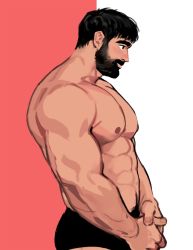 Rule 34 | 1boy, abs, bara, beard, black male underwear, blush, briefs, covering privates, covering crotch, dopey (dopq), facial hair, from side, highres, large pectorals, male focus, male underwear, mature male, muscular, muscular male, navel, navel hair, nipples, original, pectorals, short hair, solo, stomach, thick eyebrows, underwear, underwear only