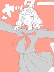 Rule 34 | 1girl, :d, ahoge, blush stickers, closed eyes, eyewear on head, glasses, highres, long hair, long sleeves, low twintails, maco22, neckerchief, open mouth, orange background, original, outstretched arms, school uniform, serafuku, skirt, smile, solo, twintails