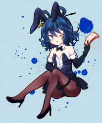 Rule 34 | 1girl, :p, animal ears, blue eyes, blue hair, blush, bow, bowtie, breasts, rabbit ears, playboy bunny, cleavage, detached collar, elbow gloves, gloves, hair ornament, hair rings, hair stick, kaku seiga, looking at viewer, matching hair/eyes, ofuda, one eye closed, pantyhose, short hair, skirt, small breasts, smile, solo, tongue, tongue out, touhou, uranaishi (miraura), wink