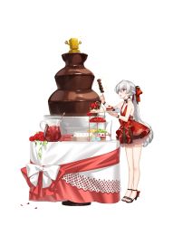 Rule 34 | 1girl, :o, absurdres, apple, apple slice, bare legs, bare shoulders, belt collar, black footwear, black ribbon, bow, bracelet, buffet, cake, chocolate, chocolate covered strawberry, chocolate fountain, collar, counter:side, cream, dress, dress bow, flower, food, footwear ribbon, frilled dress, frills, fruit, hair bow, hair ribbon, highres, holding, holding food, ice, ice cube, jar, jewelry, juice, kiwi (fruit), kiwi slice, layered dress, lemon, lemon slice, long hair, macaron, machine-g.a.p., marshmallow, official alternate costume, official art, orca (counter:side), pineapple, pineapple slice, plate, plunging neckline, ponytail, raspberry, red bow, red dress, red eyes, red flower, red rose, ribbon, rose, round table, sandals, sculpture, short dress, skewer, sleeveless, sleeveless dress, star (symbol), star in eye, strawberry, symbol in eye, table, tablecloth, tachi-e, tiered tray, toeless footwear, transparent background, v-shaped eyebrows, very long hair, white hair