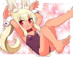Rule 34 | 1girl, :d, animal ear fluff, animal ears, armpits, arms up, bare legs, bare shoulders, barefoot, blonde hair, breasts, collar, collarbone, commentary request, etrian odyssey, feet out of frame, heart, heart-shaped pupils, highres, leg up, leotard, long hair, masurao (sekaiju), masurao 2 (sekaiju), naga u, open mouth, ponytail, purple leotard, rabbit ears, rabbit girl, rabbit tail, red collar, red eyes, sekaiju no meikyuu, sekaiju no meikyuu 5, short eyebrows, small breasts, smile, soles, solo, strapless, strapless leotard, symbol-shaped pupils, tail, thick eyebrows, very long hair, wrist cuffs