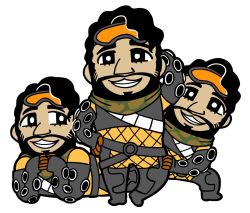 Rule 34 | 1boy, apex legends, arm behind head, asymmetrical hair, bandolier, beard, bkub, bodysuit, camouflage, camouflage scarf, commentary, facial hair, full body, goggles, goggles on head, grin, hand on own hip, interlocked fingers, looking at viewer, looking to the side, male focus, mirage (apex legends), multiple views, on ground, peeking out, scarf, smile, standing