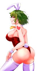 Rule 34 | 1girl, alternate costume, animal ears, ascot, ass, bare arms, bare shoulders, breasts, commentary request, cowboy shot, detached collar, earrings, fake animal ears, fake tail, from behind, green hair, heart, heart tattoo, highres, itocoh, jewelry, kazami yuuka, large breasts, leotard, looking at viewer, parted lips, playboy bunny, profile, rabbit ears, rabbit tail, red eyes, red leotard, short hair, shoulder tattoo, sidelocks, simple background, smile, solo, standing, strapless, strapless leotard, stud earrings, tail, tattoo, thighhighs, thighs, touhou, white background, white thighhighs, wrist cuffs, yellow ascot