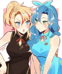 Rule 34 | 2girls, axel syrios, blonde hair, blue eyes, blue hair, blush, china dress, chinese clothes, coll (erichankun), dress, eyelashes, genderswap, genderswap (mtf), green eyes, hair between eyes, hairband, hand on own hip, holostars, holostars english, looking at another, multicolored hair, multiple girls, open mouth, ponytail, red hair, regis altare, simple background, sketch, twitter username, two-tone hair, upper body, virtual youtuber, wavy hair