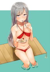 Rule 34 | 1girl, bad id, bad pixiv id, bikini, blue eyes, blush, breasts, cake, closed mouth, commentary request, food, fork, highres, holding, holding fork, holding saucer, koretsuna, light smile, long hair, looking at viewer, medium breasts, mouth hold, navel, outside border, red bikini, saucer, school girl strikers, silver hair, sitting, solo, swimsuit, tatianna alexandrovna krovskaya, utensil in mouth, wading