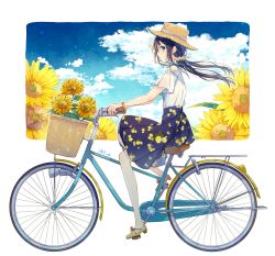 Rule 34 | 1girl, bare shoulders, bicycle, bicycle basket, black hair, blue eyes, blue sky, blush, brown hat, closed mouth, cloud, cloudy sky, commentary request, day, flower, goma (11zihisin), hair ornament, hair scrunchie, hat, highres, lemon print, long hair, low twintails, off-shoulder shirt, off shoulder, orange flower, original, pleated skirt, print skirt, profile, scrunchie, shirt, shoes, short sleeves, signature, sitting, skirt, sky, smile, solo, straw hat, sunflower, twintails, white background, white scrunchie, white shirt, yellow flower, yellow footwear