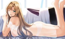 Rule 34 | 1girl, ass, bare shoulders, blonde hair, blue eyes, blush, breasts, feet up, granblue fantasy, hair intakes, highres, large breasts, legs, lingerie, long hair, looking at viewer, nicky w, one eye closed, open mouth, see-through, smile, solo, underwear, zeta (granblue fantasy)