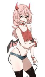 Rule 34 | 1girl, black thighhighs, blue shorts, bow (bhp), bracelet, breasts, choker, collarbone, copyright request, crop top, demon girl, demon horns, demon tail, demon wings, fang, horns, jewelry, long hair, looking at viewer, low wings, navel, open mouth, pink hair, red choker, red horns, red shirt, shirt, short shorts, shorts, simple background, skin fang, small breasts, solo, standing, tail, thighhighs, white background, wings, yellow eyes