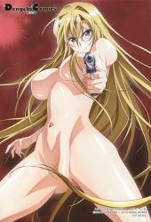 Rule 34 | 1girl, black eyes, blonde hair, breasts, completely nude, convenient censoring, copyright notice, covering crotch, covering privates, gluteal fold, gun, hair censor, hair over breasts, holding, holding gun, holding weapon, jinki, large breasts, long hair, mel j vanette, navel, non-web source, not for sale, nude, official art, outstretched arm, pointing, pointing at viewer, red background, shiny skin, solo, tsunashima shirou, very long hair, weapon