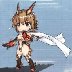 Rule 34 | 1girl, animated, animated gif, arm up, armor, armored leotard, bouncing breasts, breastplate, breasts, brown eyes, brown hair, chibi, fighting stance, full armor, full body, happy, highleg, highleg leotard, impossible clothes, impossible leotard, leotard, lilith-soft, looking to the side, open mouth, scarf, sentai, shiny clothes, shiny skin, simple background, smile, solo, standing, standing on one leg, superhero costume, taimanin (series), taimanin rpgx, thong leotard, utashima mugi, white leotard, white scarf, wide hips