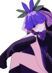 Rule 34 | 1girl, black footwear, black gloves, black hair, boots, dress, elbow gloves, feet out of frame, flower, flower on head, gloves, highres, leaf, leaf on head, looking at viewer, one eye covered, orchid, puffy short sleeves, puffy sleeves, purple dress, purple eyes, shishidonagi, short sleeves, simple background, smile, solo, touhou, white background, yomotsu hisami
